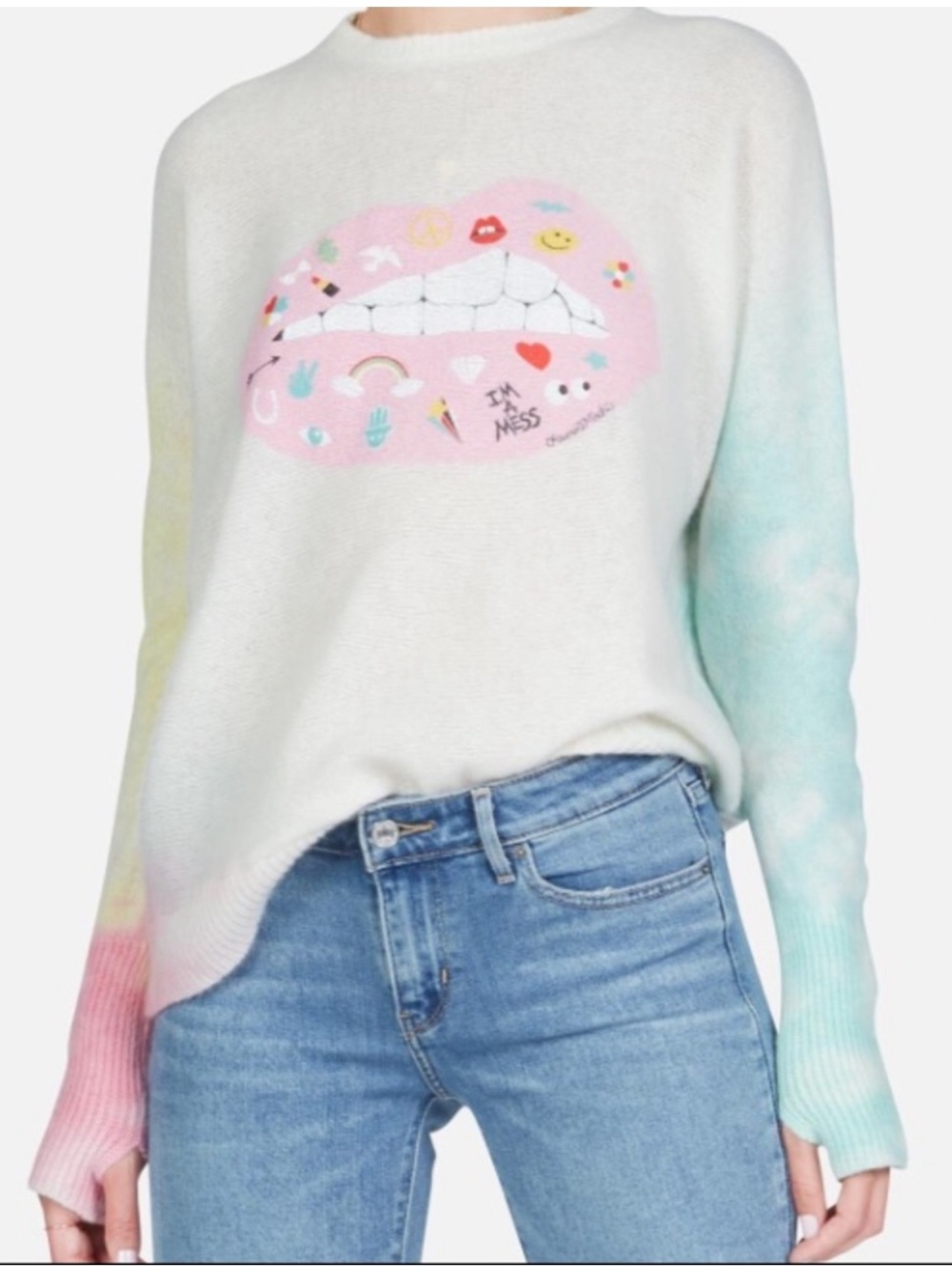 Lauren Moshi 100% Cashmere I’m A Mess XL Oversize Rainbow Lipstick Mouth Sweater